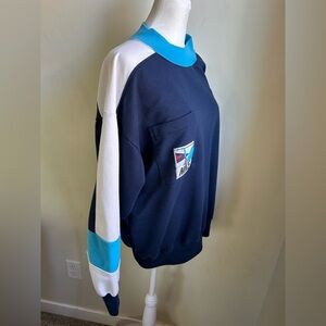 Vintage 80s Nike Spellout Swoosh Colorblock Crew Neck Pocketed Sweatshirt Blue L